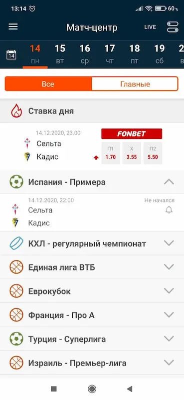 Скриншот интерфейса приложения Чемпионат