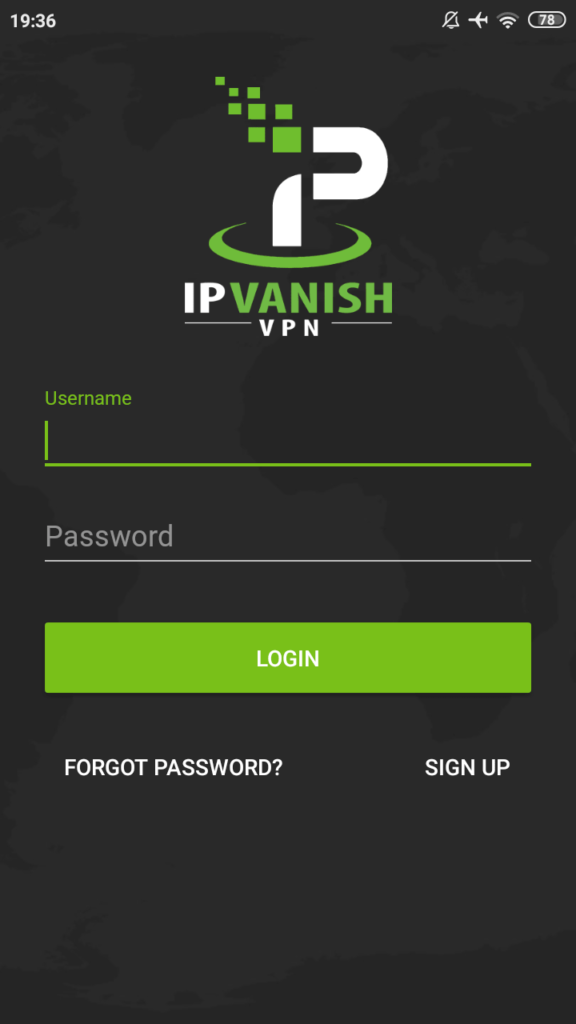 IPVanish VPN Окно авторизации