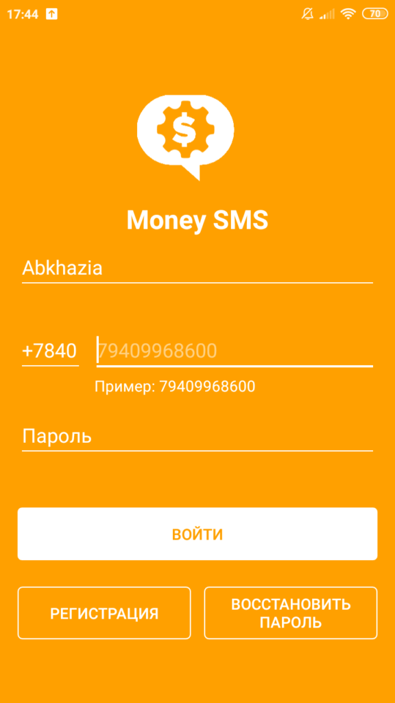 Money SMS Окно авторизации