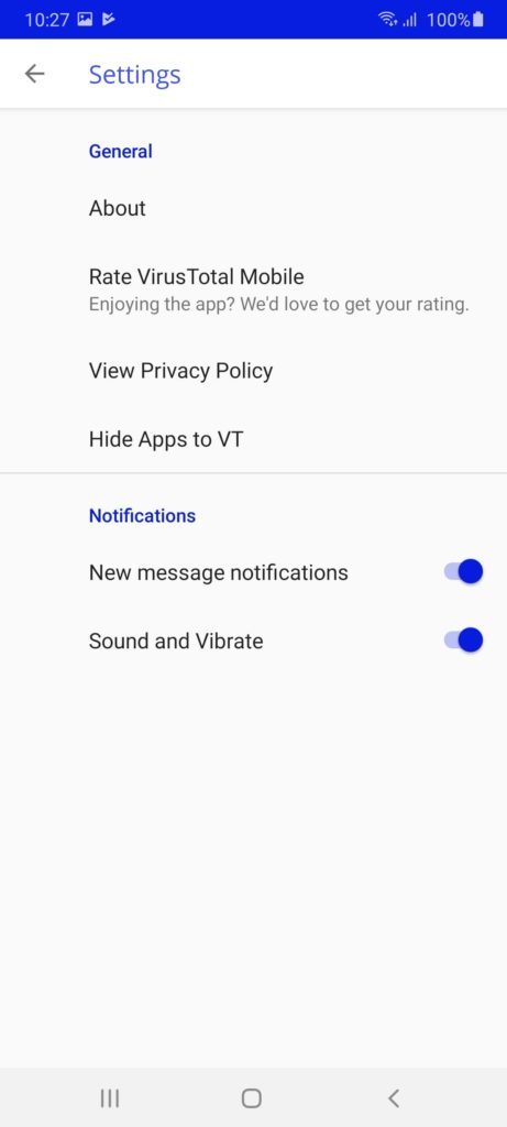 VirusTotal Mobile Настройки