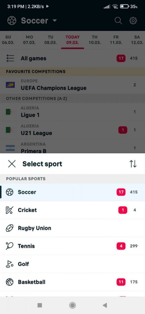 Flashscore South Africa Select sport