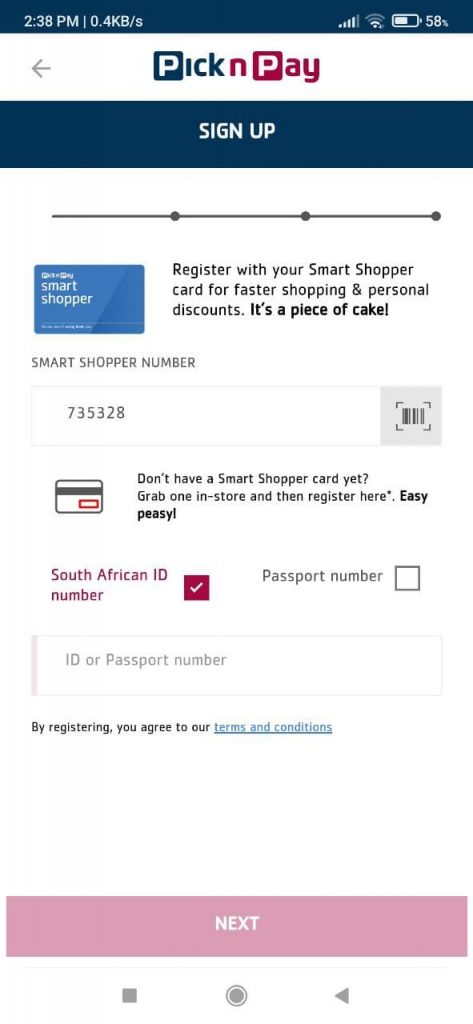 Pick n Pay Sign up