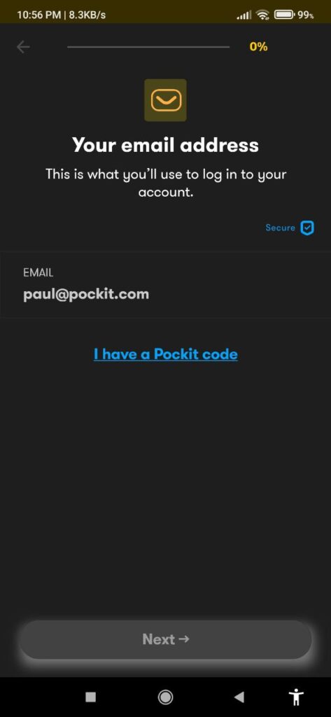 Pockit Enter email address