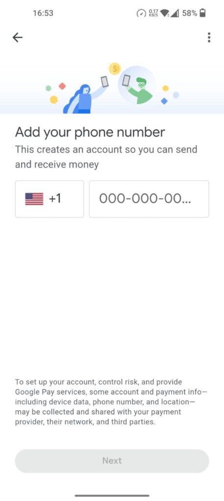Google Pay Enter phone number