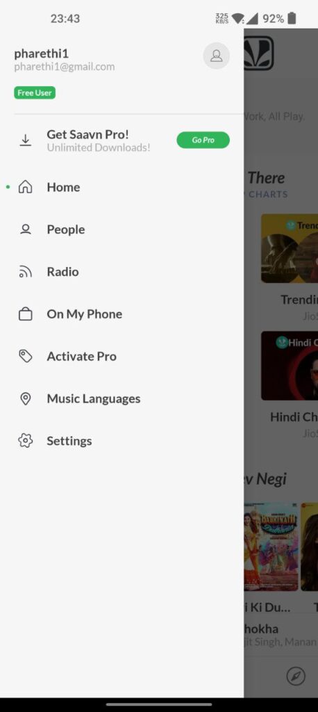 Saavn Side menu