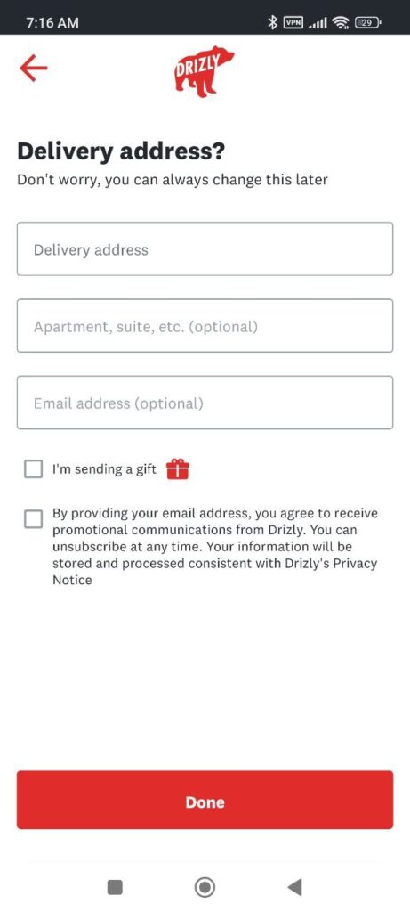 Drizly Delivery address