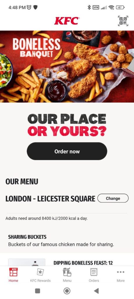KFC App UKI Homepage