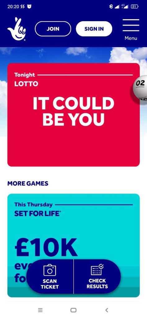 The National Lottery Main page