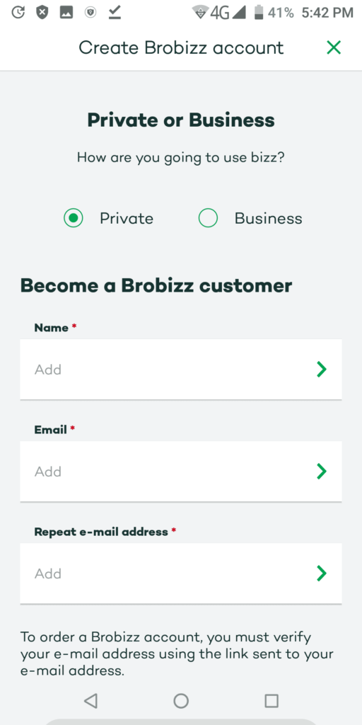 Brobizz Create account