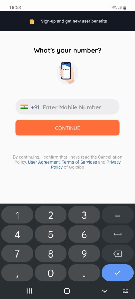Goibibo Mobile Enter mobile number