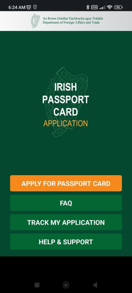 Irish Passport Card Main page