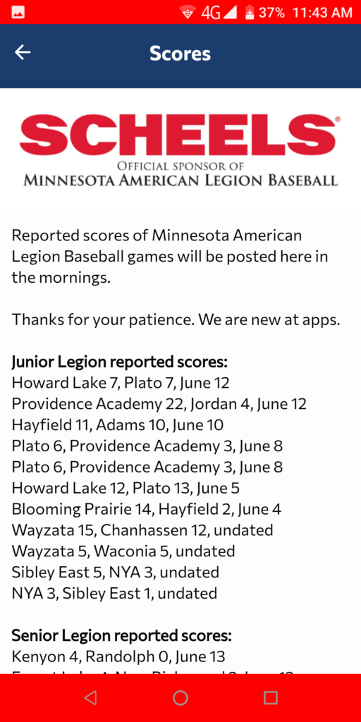 Minnesota Legion Baseball Score