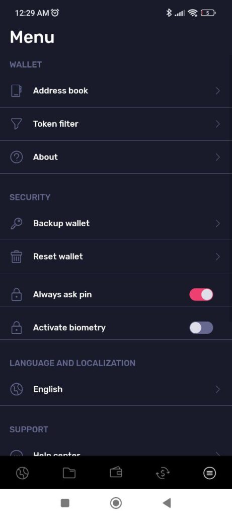 Tron Wallet Menu