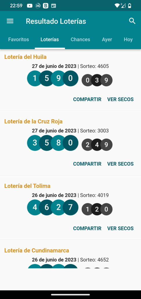 Resultado Loterías Colombia Últimos