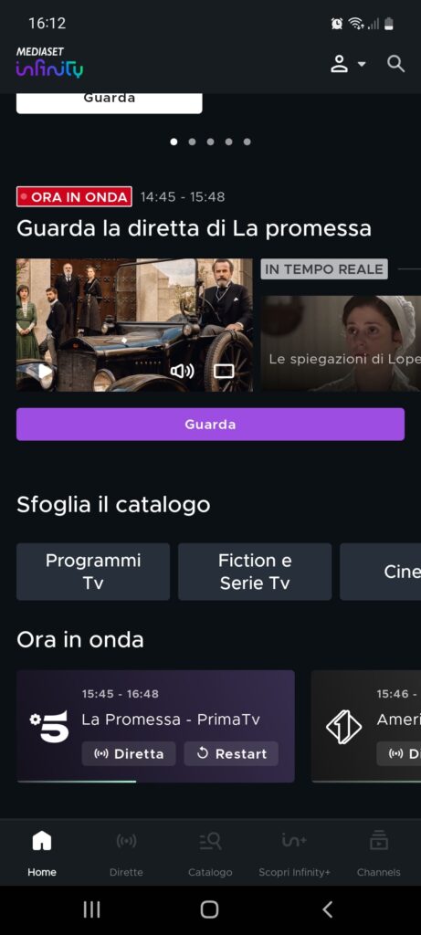 Mediaset Infinity Home page 