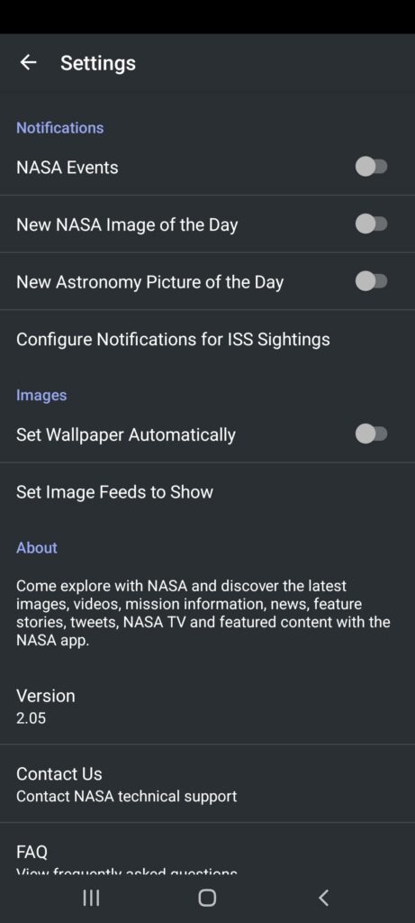 NASA Settings