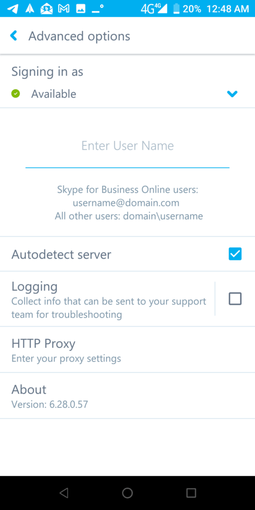 Skype for Business Advanced options
