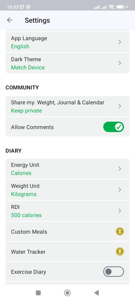 Calorie Counter Settings