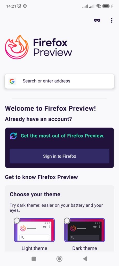 Firefox Preview Start