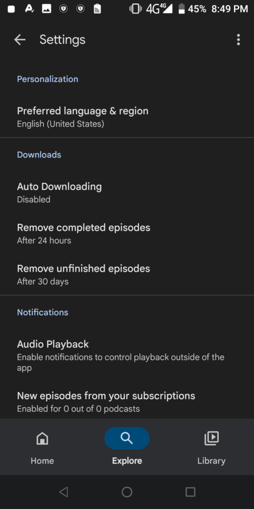 Android Podcast Settings