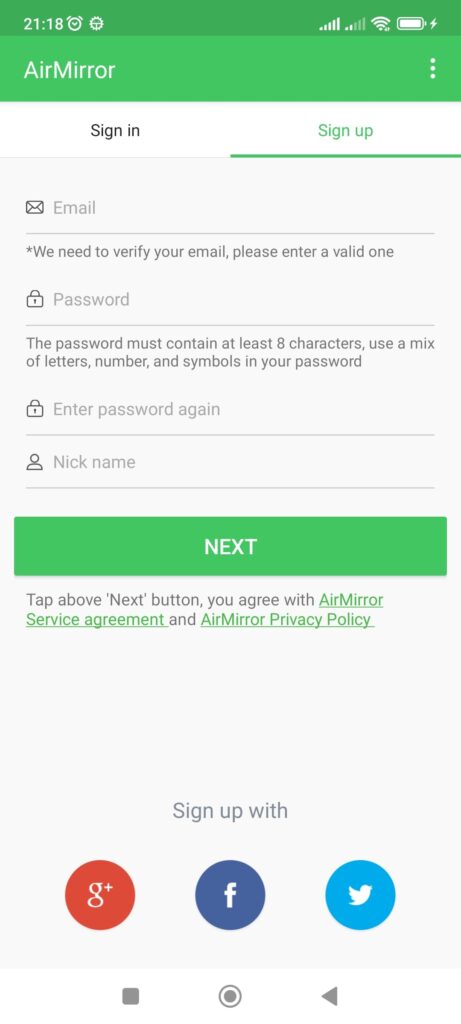 AirMirror Sign up