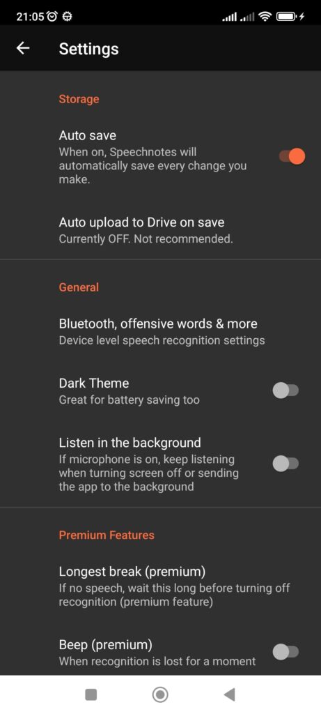 Speechnotes Settings