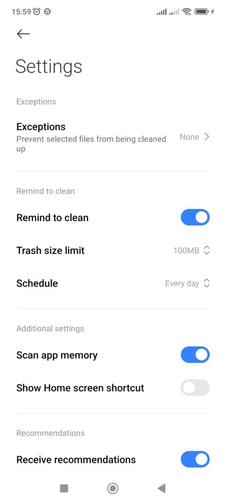 Mi Cleaner Settings