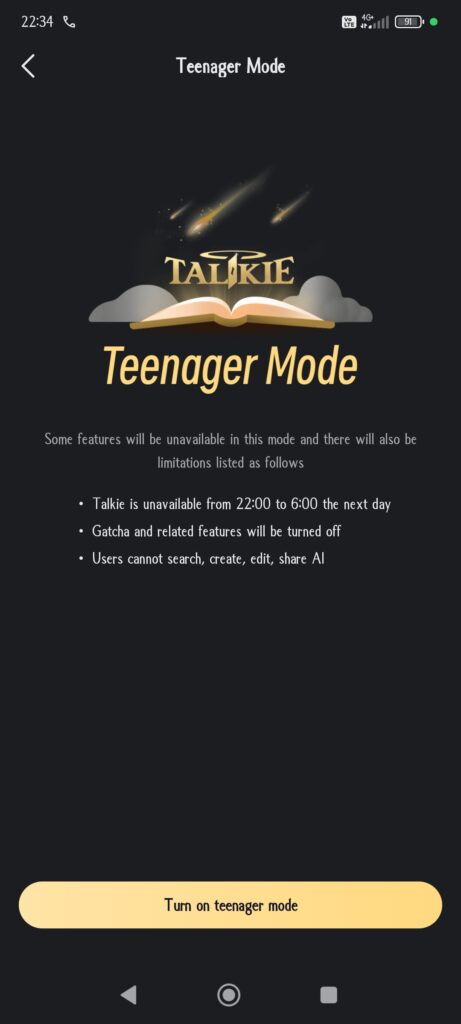 Talkie AI Teenager mode