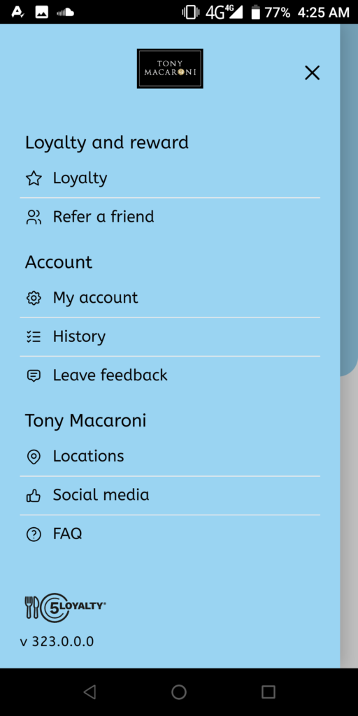 Tony Macaroni Rewards Menu